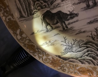 A Chinese grisaille bowl and plate with buffalos, Yongzheng