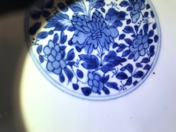 A Chinese blue and white kraak porcelain covered bowl, Wanli, and a floral bowl, Kangxi