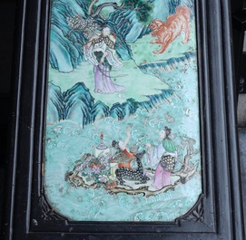 A Chinese famille rose plaque mounted as a table inset, 19th C