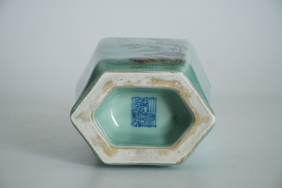 A Chinese celadon vase with calligraphy and floral design, Qianlong mark, 19/20th C.