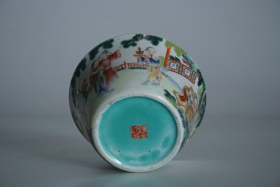 A small Chinese famille rose bowl with figural design, Jiaqing mark and period