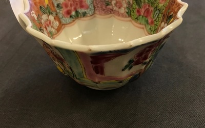 A Chinese lobed famille rose cup and saucer, Yongzheng