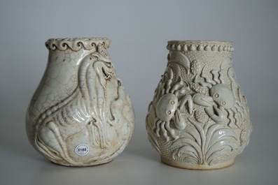 Two Chinese Nanking crackle-glazed hu vases with crabs and mythical beasts, 19th C.