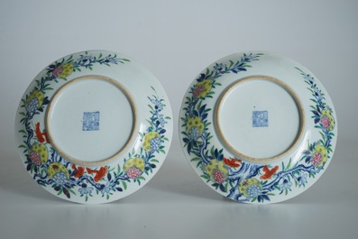 A pair of Chinese doucai pomegranate plates, Qianlong mark and of the period
