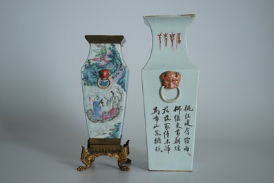 A square Chinese qianjiang cai vase marked Zhou Xiao Song and a bronze-mounted famille rose vase, 19/20th C.