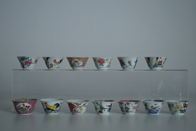 Thirty-three Chinese famille rose cups and twenty-two saucers, Yongzheng/Qianlong