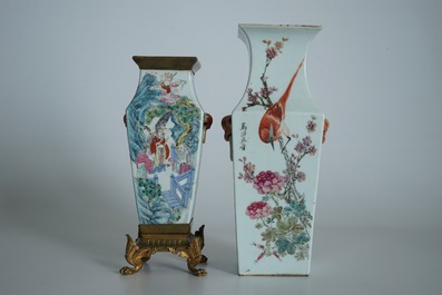 A square Chinese qianjiang cai vase marked Zhou Xiao Song and a bronze-mounted famille rose vase, 19/20th C.