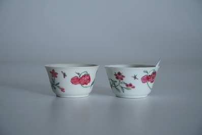 Two Chinese famille rose cups and three saucers with floral design, Yongzheng/Qianlong