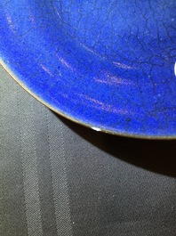A pair of Chinese monochrome blue ge-type crackle-glazed plates, Yongzheng