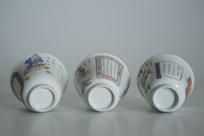 Three Chinese famille rose Wu Shuang Pu cups and saucers , 19th C.