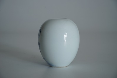 A Chinese blue and white scholar&rsquo;s vase with a great reed warbler among reed, signed Wang Bu (1898&ndash;1968)