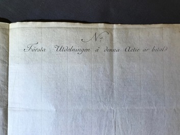 Trois actions de la Compagnie d'Ostende et deux de la Compagnie su&eacute;doise des Indes orientales, 18&egrave;me