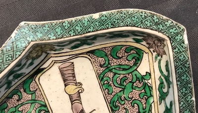A Chinese verte biscuit armorial sweetmeat dish with the arms of Johannes Camphuys, VOC governor of Batavia, Kangxi