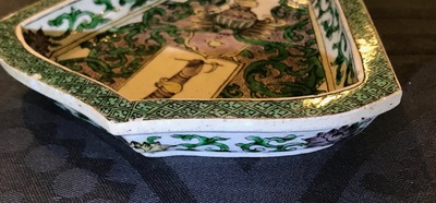 A Chinese verte biscuit armorial sweetmeat dish with the arms of Johannes Camphuys, VOC governor of Batavia, Kangxi
