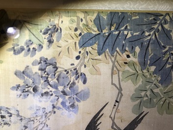 A set of four Chinese watercolours with birds among flowering branches and calligraphy, framed, 19th C.