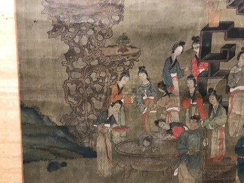 Une peinture rouleau sur soie figurant une sc&egrave;ne de jardin, sign&eacute;, Chine, 18/19&egrave;me