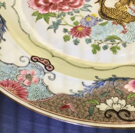 A pair of large Chinese famille rose chargers with mandarin ducks, Yongzheng