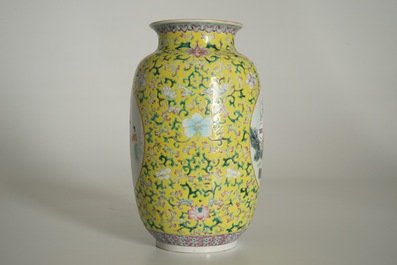 A Chinese yellow-ground famille rose vase, Qianlong mark, 19/20th C.