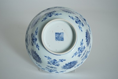A Chinese blue and white lotus bowl, Qianlong mark and period