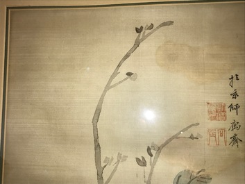 A Chinese silk painting depicting peony flowers, 19th C.