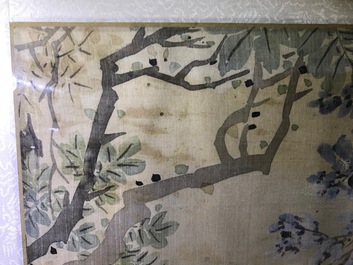 A set of four Chinese watercolours with birds among flowering branches and calligraphy, framed, 19th C.