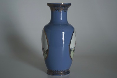 A Chinese famille rose on lavender-blue-ground vase, Qianlong mark, Republic, 20th C.