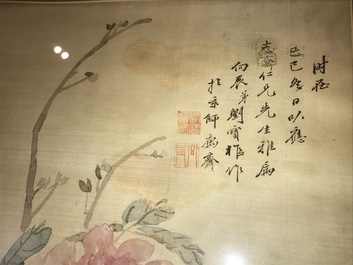 Een Chinees schilderij op zijde met pioenrozen, 19e eeuw