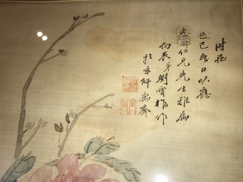 A Chinese silk painting depicting peony flowers, 19th C.