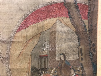 Een gesigneerde Chinese rolschildering op zijde met een tuinsc&egrave;ne, 18/19e eeuw