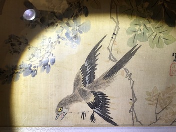 A set of four Chinese watercolours with birds among flowering branches and calligraphy, framed, 19th C.