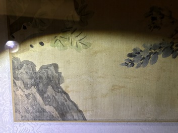 A set of four Chinese watercolours with birds among flowering branches and calligraphy, framed, 19th C.