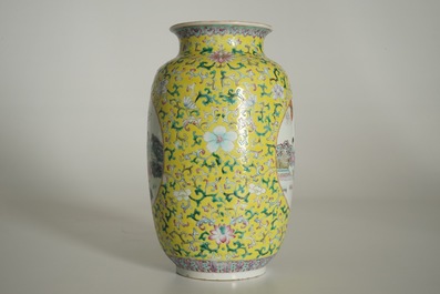 A Chinese yellow-ground famille rose vase, Qianlong mark, 19/20th C.
