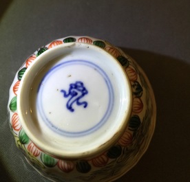 Four Chinese famille verte cups and saucers, Kangxi