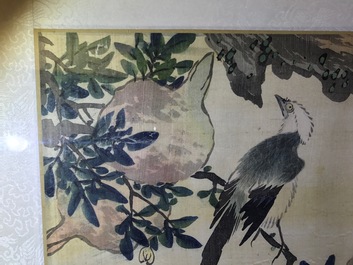 A set of four Chinese watercolours with birds among flowering branches and calligraphy, framed, 19th C.