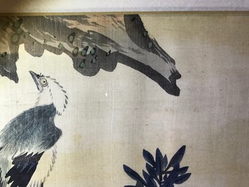 A set of four Chinese watercolours with birds among flowering branches and calligraphy, framed, 19th C.