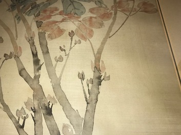 A Chinese silk painting depicting peony flowers, 19th C.