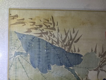 A set of four Chinese watercolours with birds among flowering branches and calligraphy, framed, 19th C.