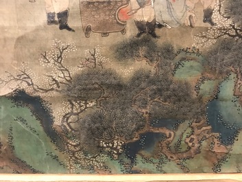 A Chinese silk scroll painting of a garden scene, signed, 18/19th C.