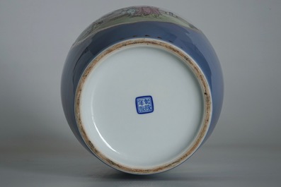 A Chinese famille rose on lavender-blue-ground vase, Qianlong mark, Republic, 20th C.