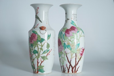 Two tall Chinese qianjiang cai vases with birds on blossoms, 19/20th C.