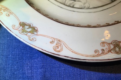 A pair of Chinese grisaille plates with erotical subject and a pair of Meissen style plates, Qianlong