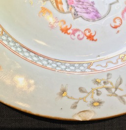 A pair of Chinese grisaille plates with erotical subject and a pair of Meissen style plates, Qianlong