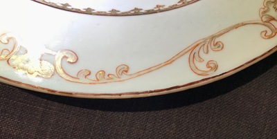 A pair of Chinese grisaille plates with erotical subject and a pair of Meissen style plates, Qianlong