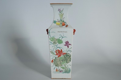 A tall square Chinese famille rose vase, 19/20th C.
