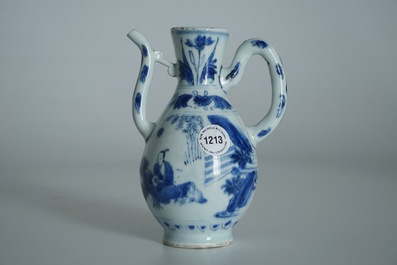 A Chinese blue and white jug with figures in a landscape, Transitional period