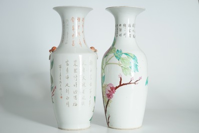 Two tall Chinese qianjiang cai vases with birds on blossoms, 19/20th C.