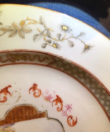 Une paire d'assiettes en porcelaine de Chine grisaille &agrave; d&eacute;cor &eacute;rotique et une paire de style Meissen, Qianlong