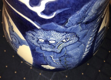 A Chinese blue and white relief-decorated hu vase with mythical beasts, Chenghua mark, 19/20th C.