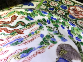 Three Chinese famille verte plates with a phoenix and a qilin, Kangxi