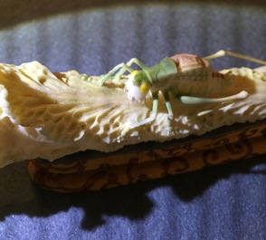 Un groupe en ivoire polychrome d'un cricket sur un chou, d&eacute;but du 20&egrave;me